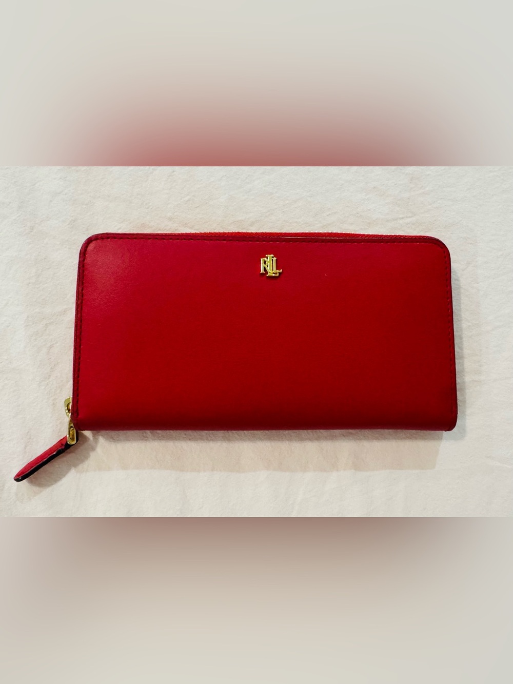Ralph Lauren Crimson Leather Zip-Around Wallet with Gold RL Emblem